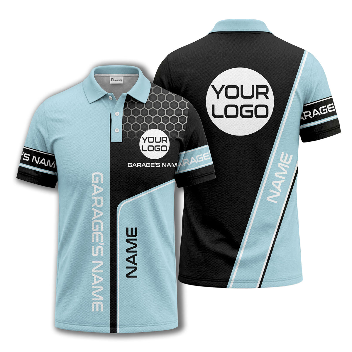 hexagonal grid garage name logo modern automotive polo shirt