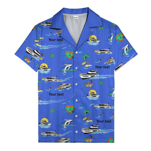 luxury yacht & heart-shaped island cartoon hawaiian shirt