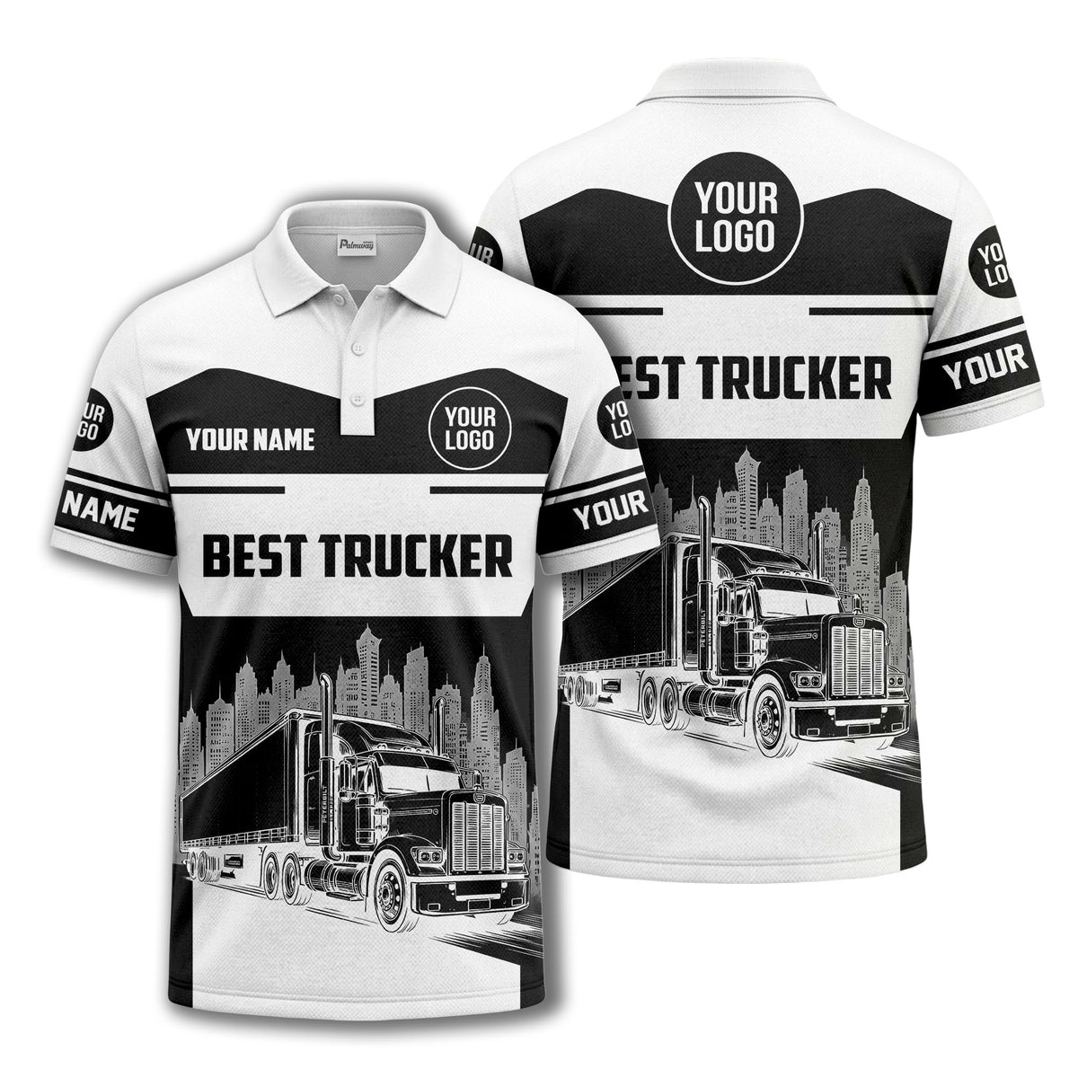 semi-truck cityscape graphic polo shirt for trucker pride