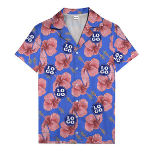 watercolor pink hibiscus & blue logo repeat aloha hawaiian shirt