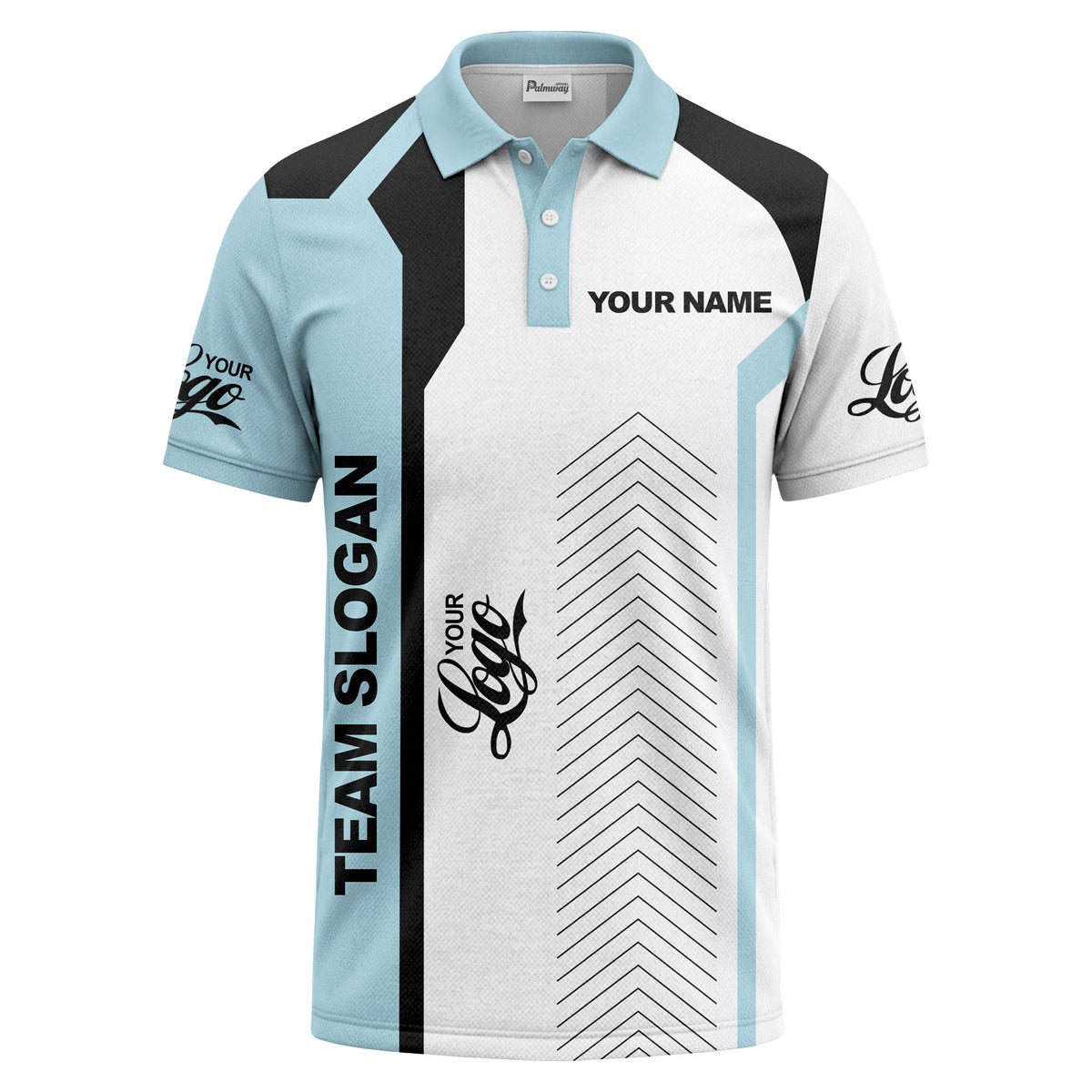 arrow repeat geometric logo & text custom polo shirt