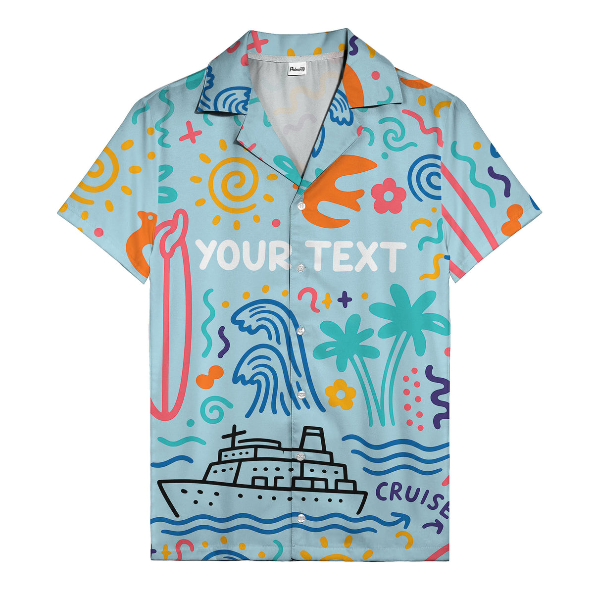 cartoon cruise ship palm trees surfboards wave hawaiian shirt