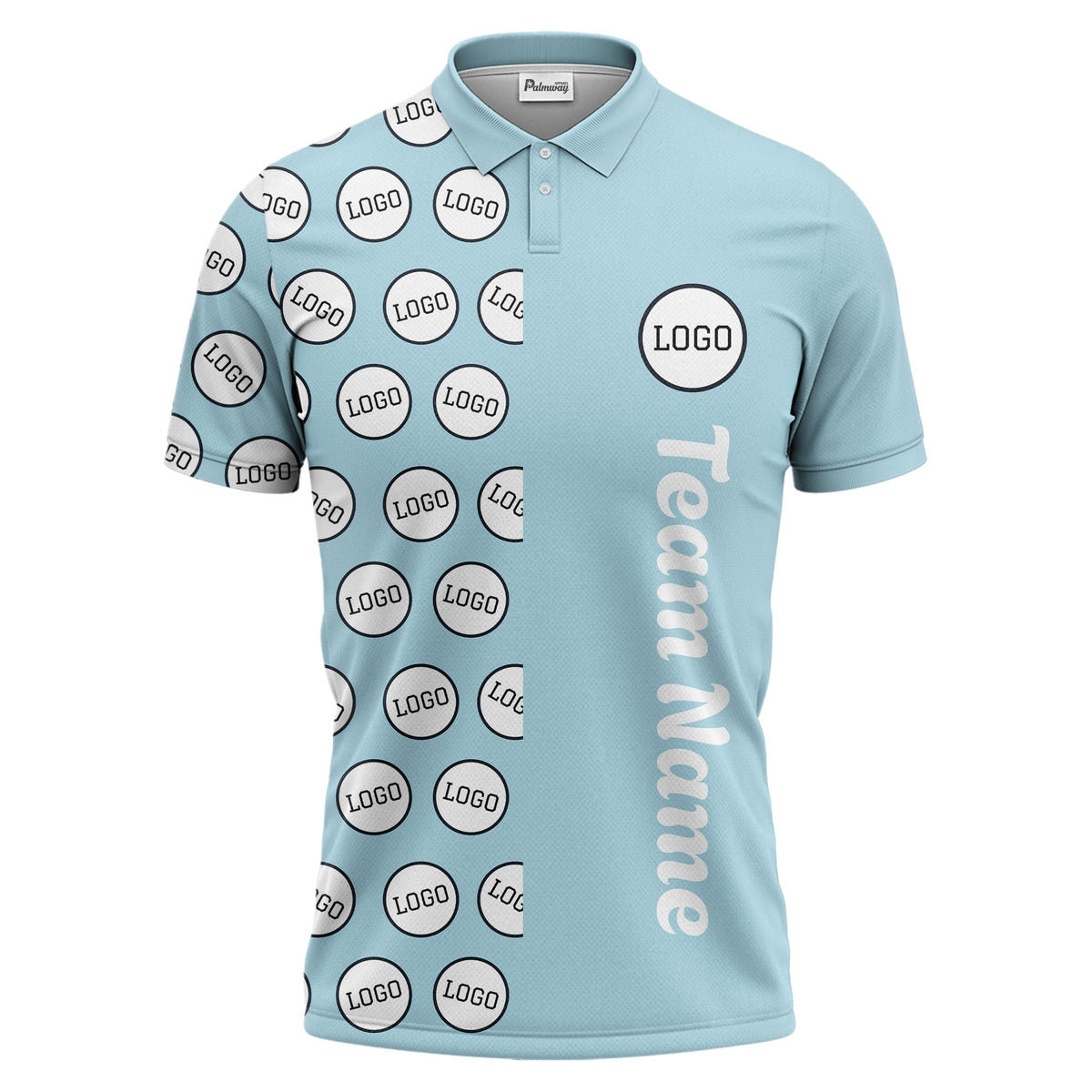 custom team logo polka dot repeat black & white polo shirt for men