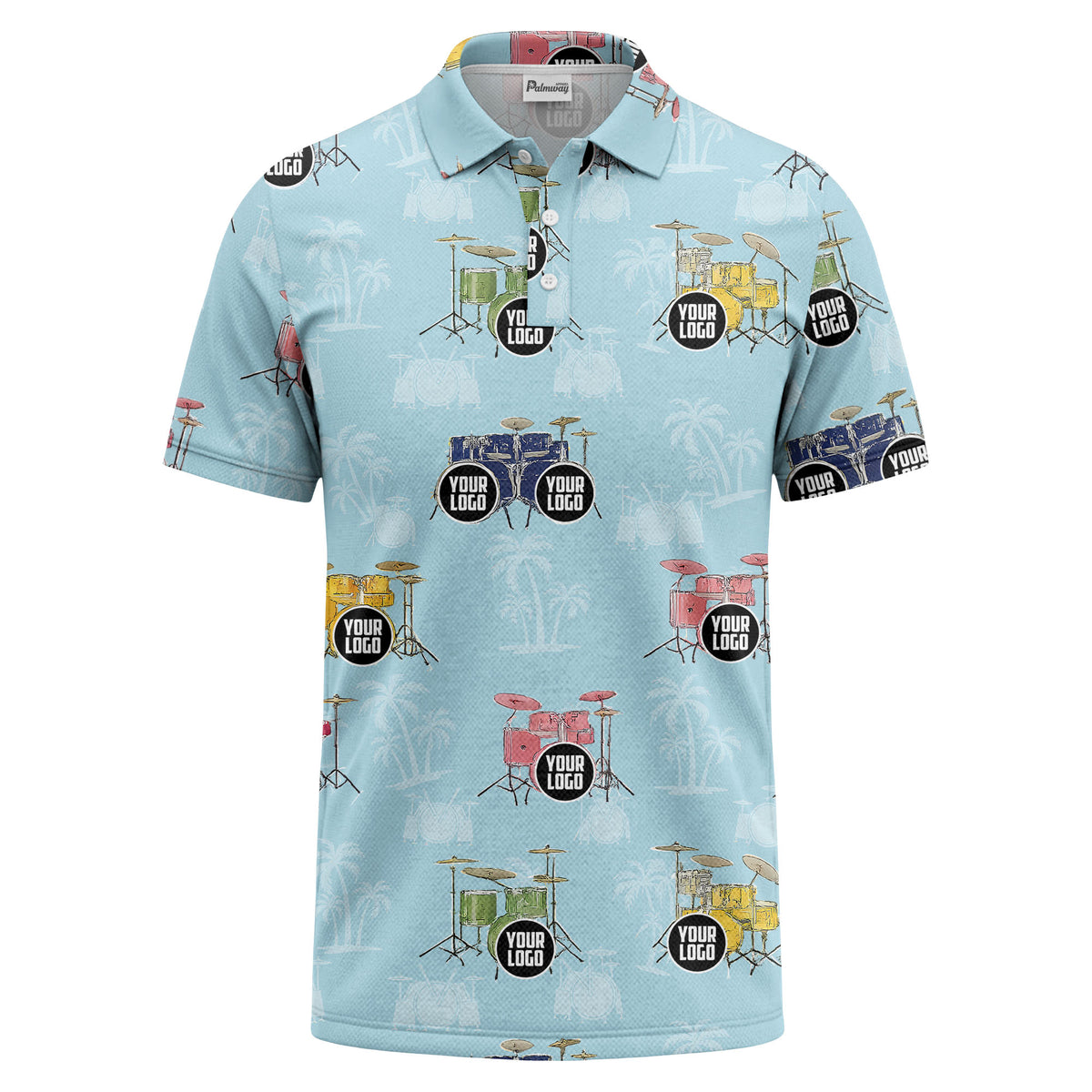 drum kit & palm tree repeat rock band polo shirt for men