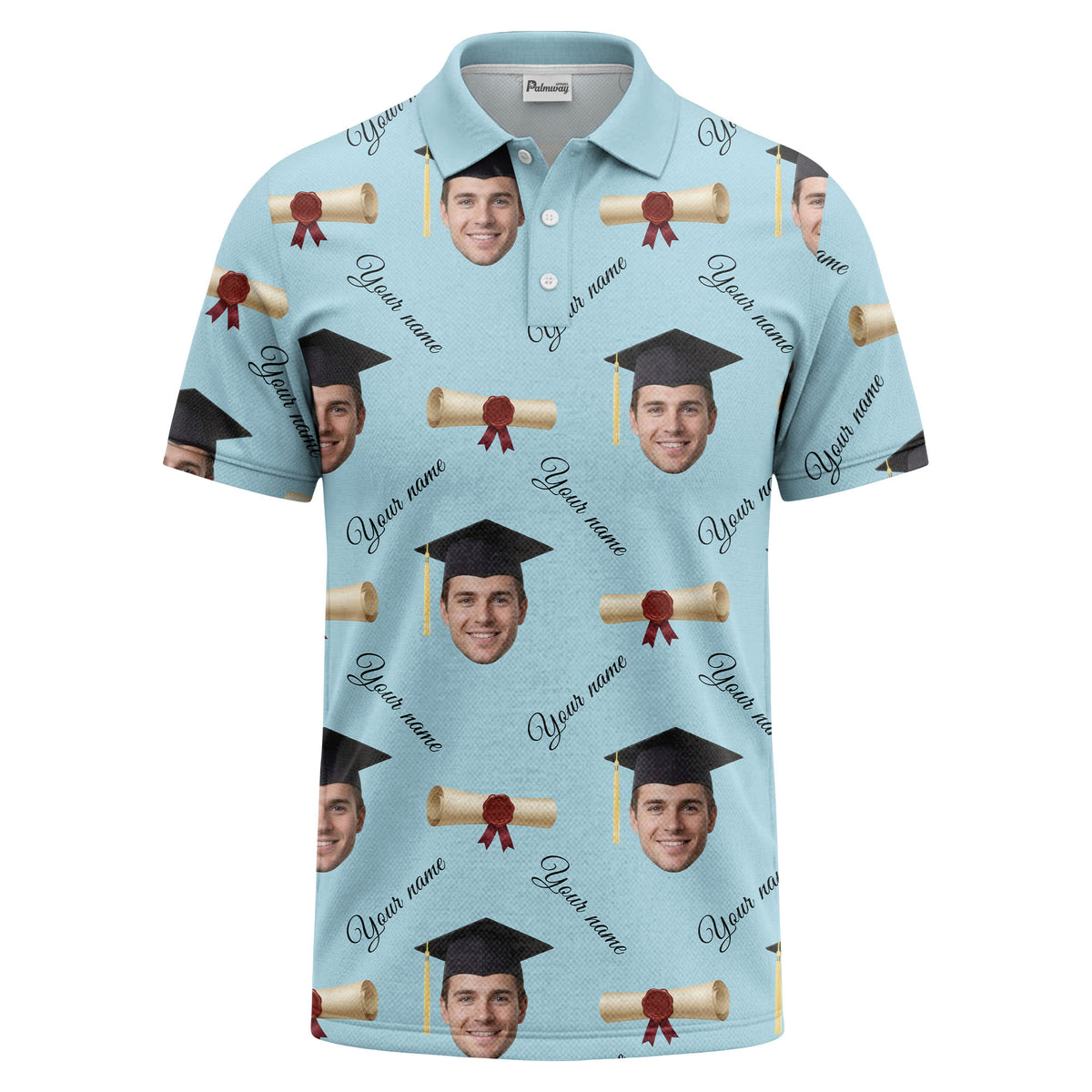 graduation caps & diploma scrolls over personalized faces polo shirt