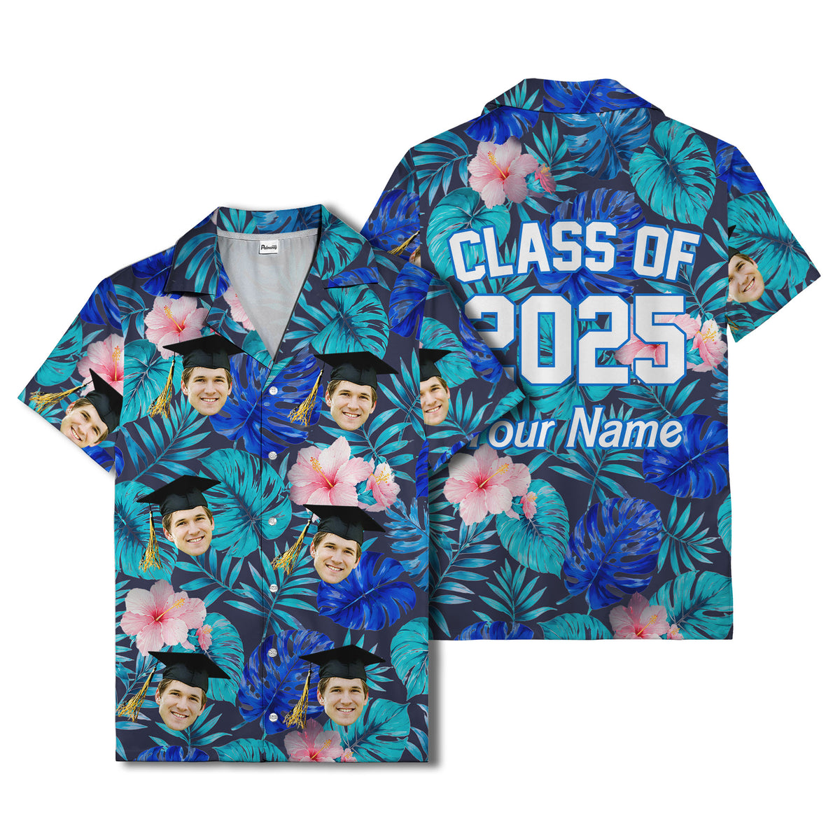 graduation caps tossed over hibiscus blooms on monstera hawaiian shirt