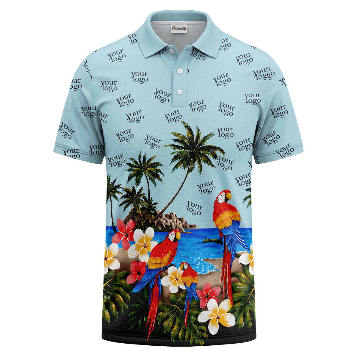 parrot palm plumeria beach watercolor polo shirt