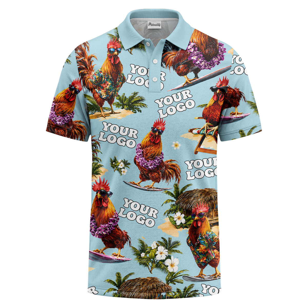 surfing roosters surfboards lei palm trees photorealistic polo shirt