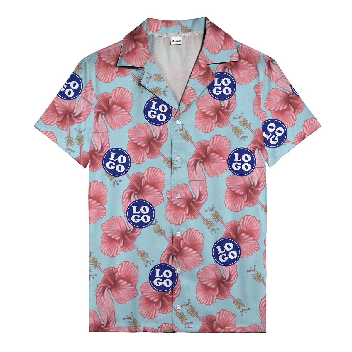 watercolor pink hibiscus & blue logo repeat aloha hawaiian shirt