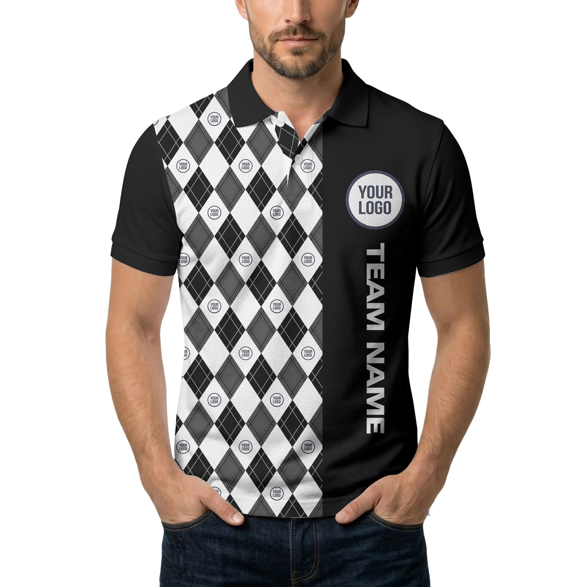 argyle diamond black white polo shirt with custom team logo for men