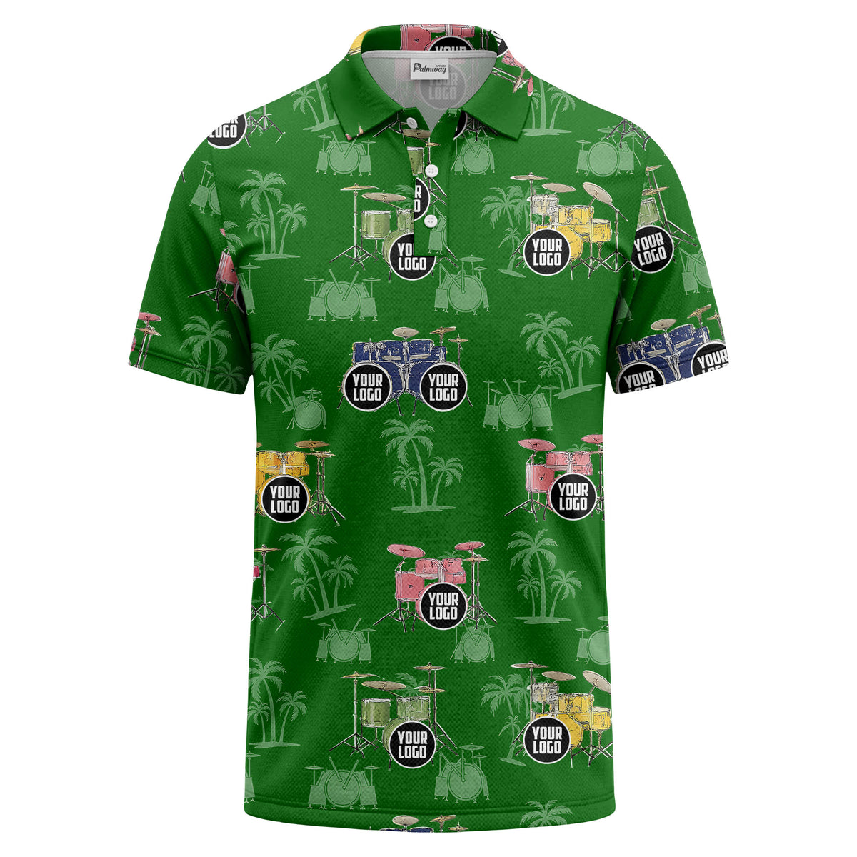 drum kit & palm tree repeat rock band polo shirt for men