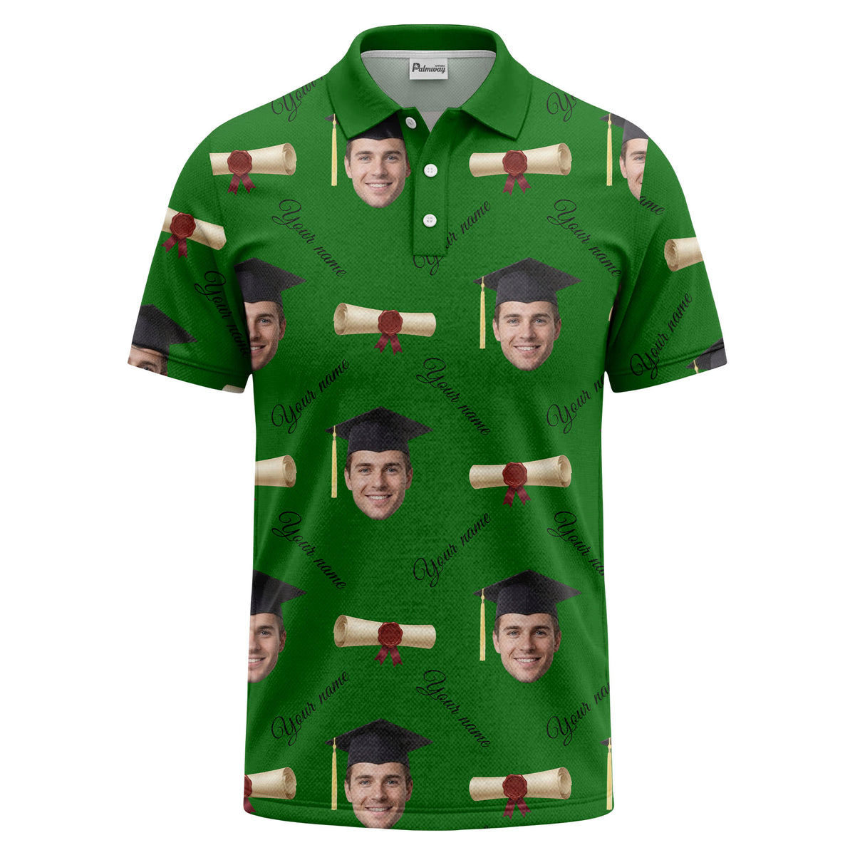 graduation caps & diploma scrolls over personalized faces polo shirt