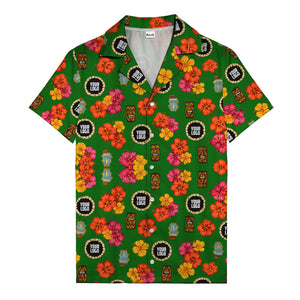 hibiscus & tiki masks all-over print hawaiian shirt for beach getaway