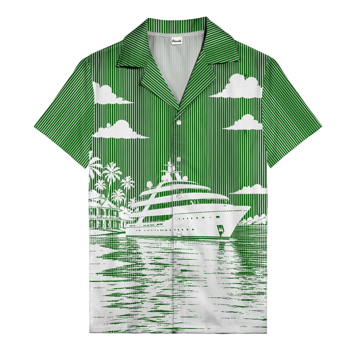 luxury yacht & palm trees tropical beach scene hawaiian shirt