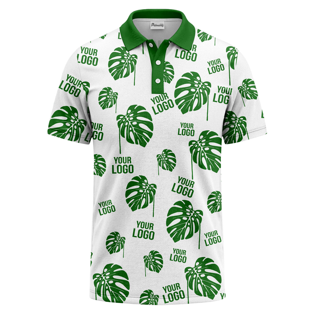 monstera leaves & custom logo repeat black white hawaiian polo shirt