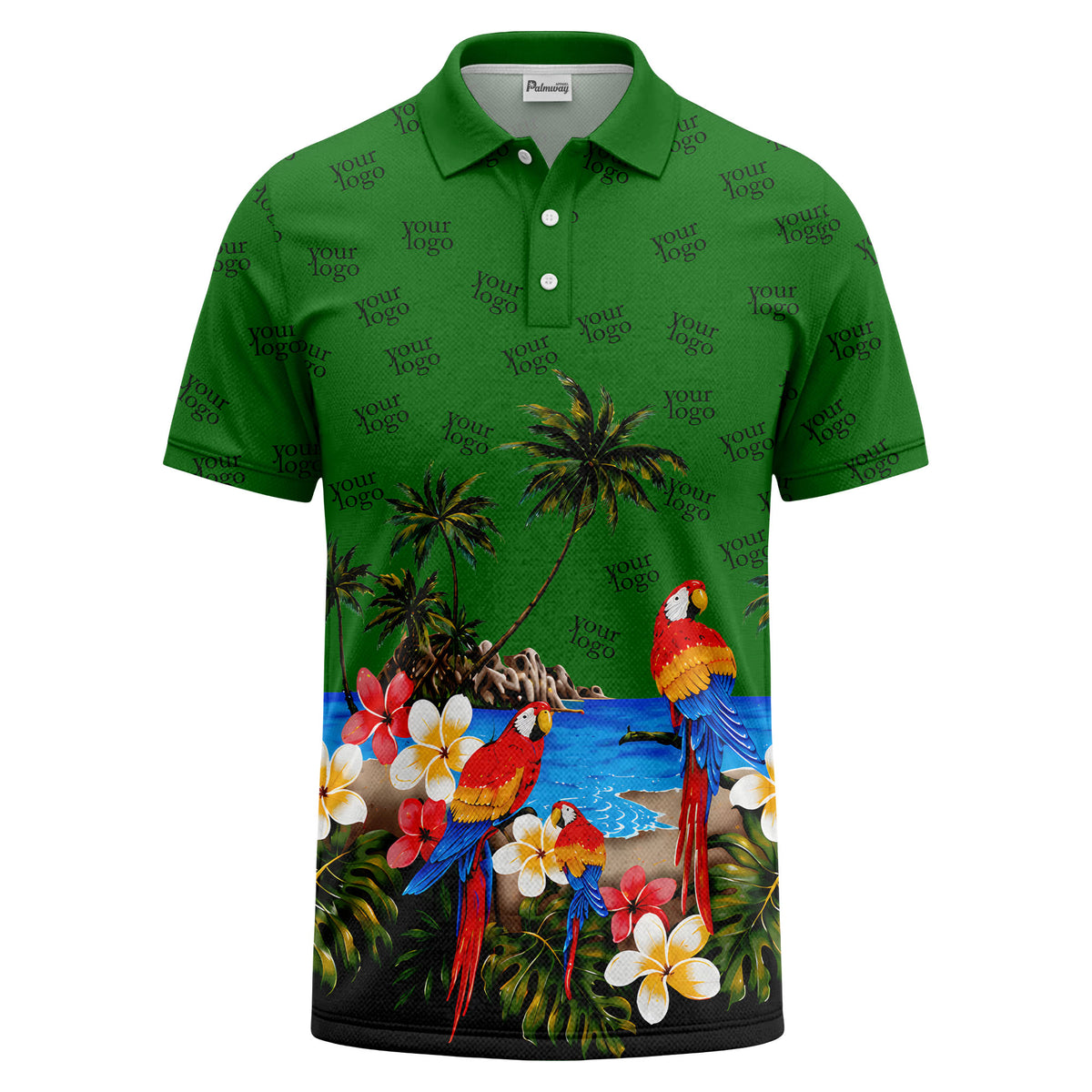 parrot palm plumeria beach watercolor polo shirt