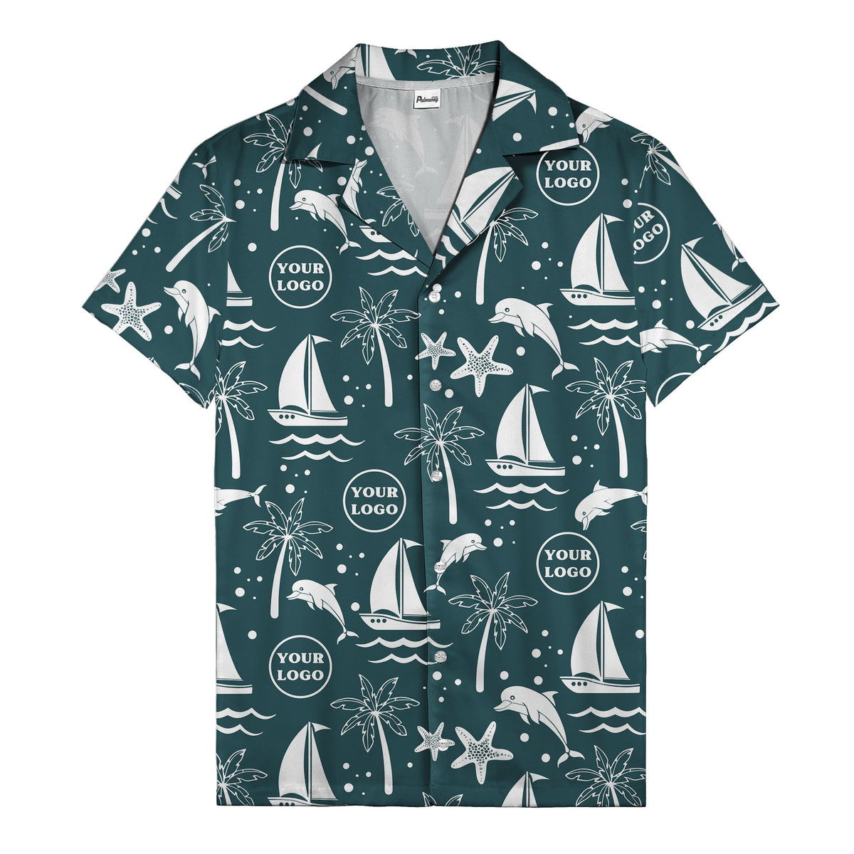 sailboats dolphins palm trees starfish repeat pattern black white hawaiian shirt