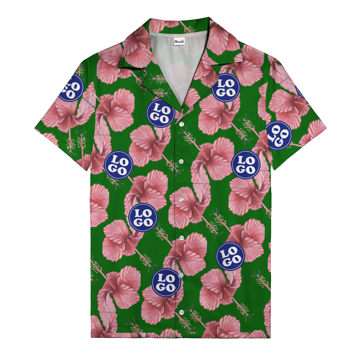 watercolor pink hibiscus & blue logo repeat aloha hawaiian shirt
