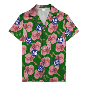 watercolor pink hibiscus & blue logo repeat aloha hawaiian shirt