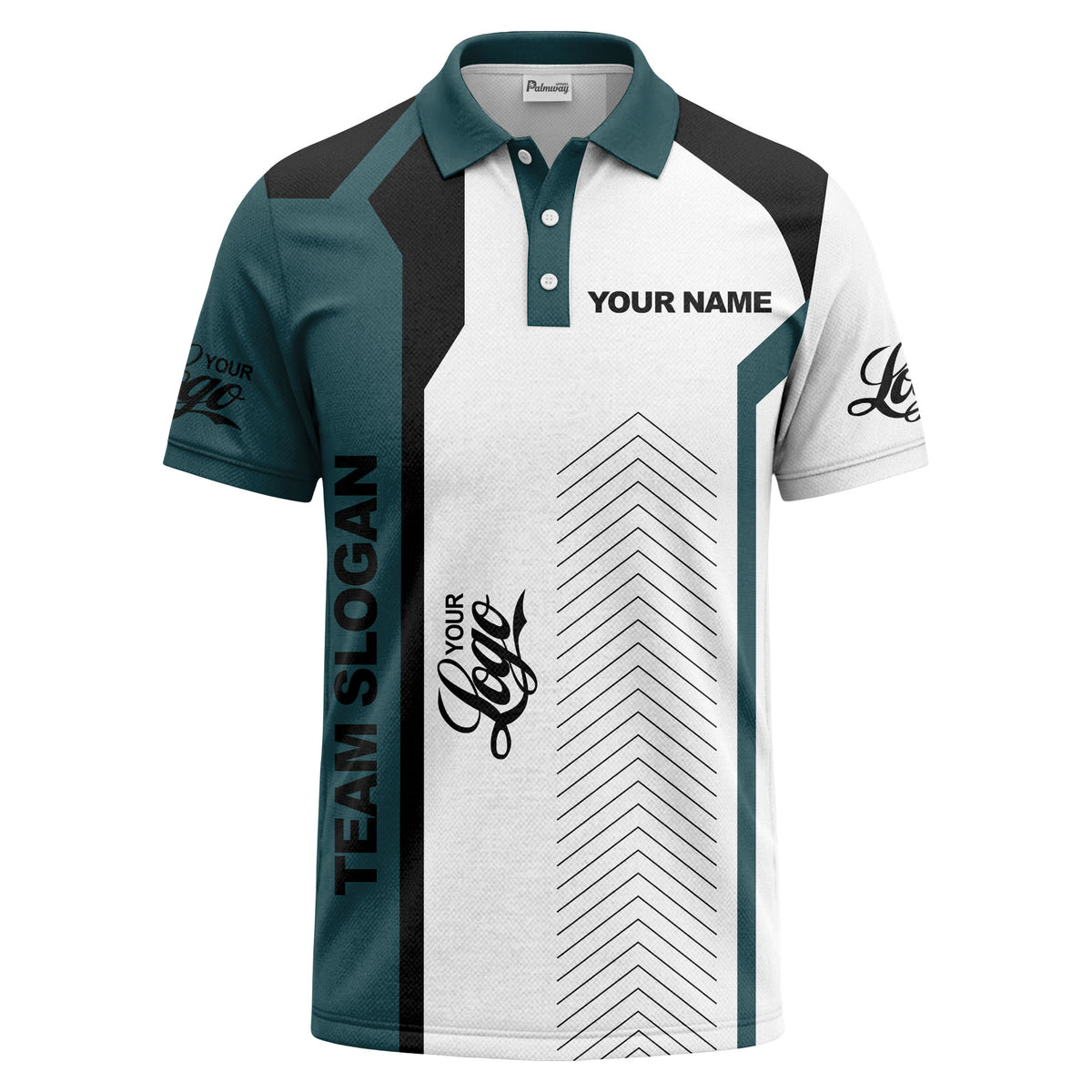 arrow repeat geometric logo & text custom polo shirt
