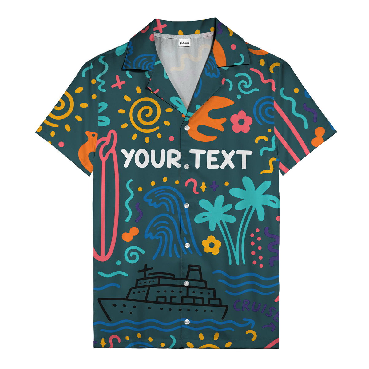 cartoon cruise ship palm trees surfboards wave hawaiian shirt