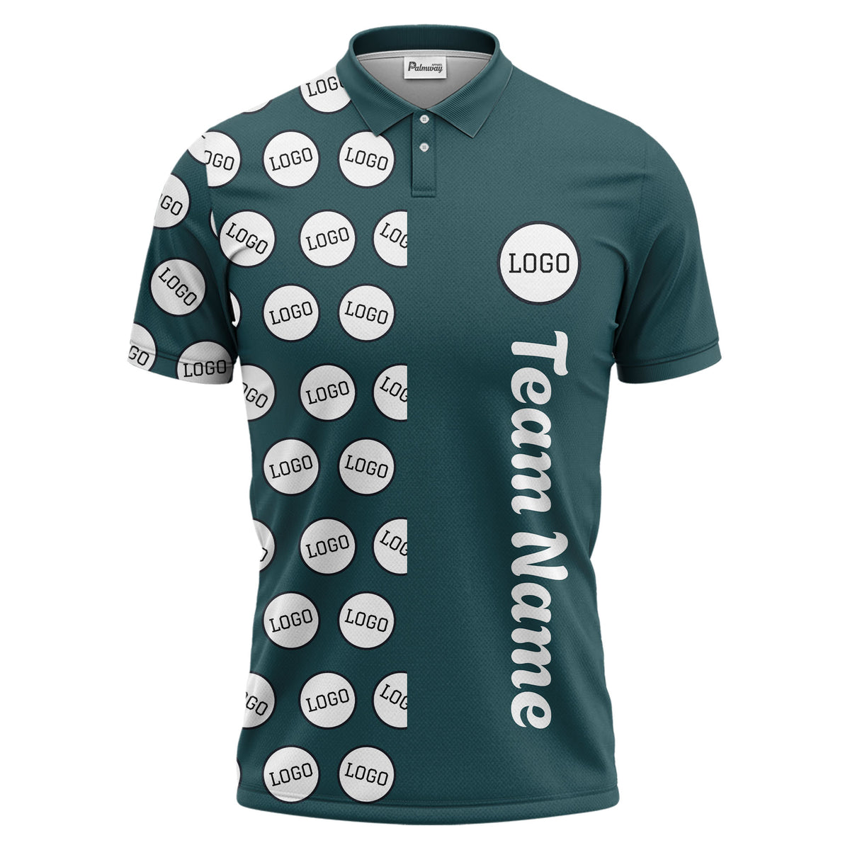 custom team logo polka dot repeat black & white polo shirt for men