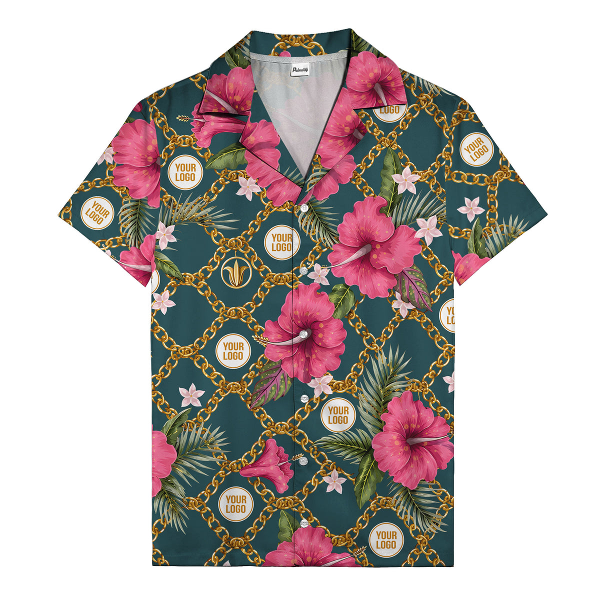 gold chain & pink hibiscus watercolor hawaiian shirt for men