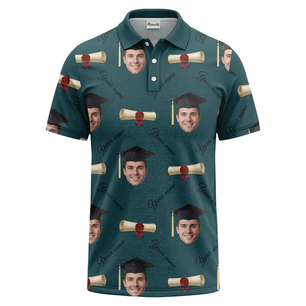 graduation caps & diploma scrolls over personalized faces polo shirt