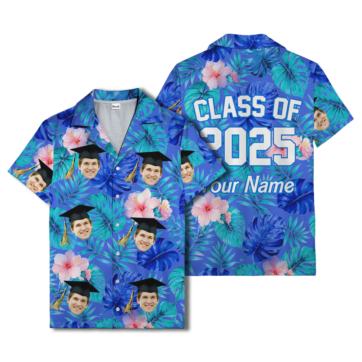 graduation caps tossed over hibiscus blooms on monstera hawaiian shirt
