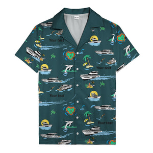 luxury yacht & heart-shaped island cartoon hawaiian shirt