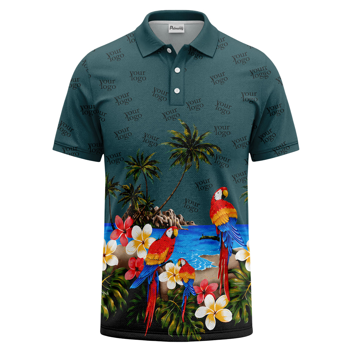 parrot palm plumeria beach watercolor polo shirt