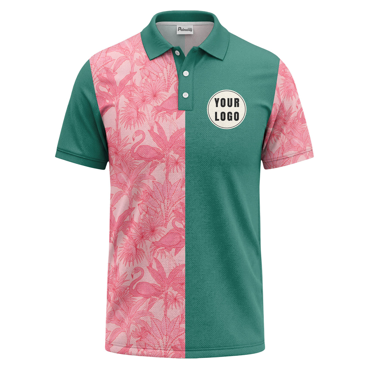pink flamingo & tropical leaves patterned hawaiian shirt polo shirt