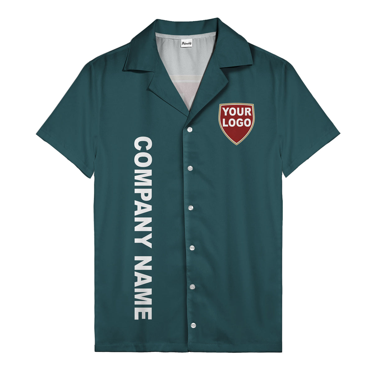 shield logo & vertical text customizable corporate hawaiian shirt