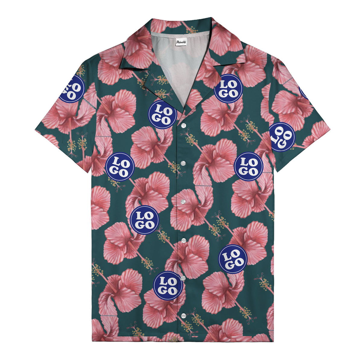 watercolor pink hibiscus & blue logo repeat aloha hawaiian shirt