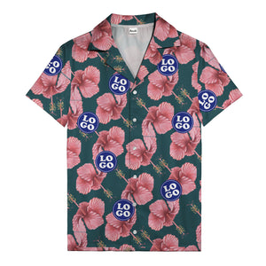 watercolor pink hibiscus & blue logo repeat aloha hawaiian shirt
