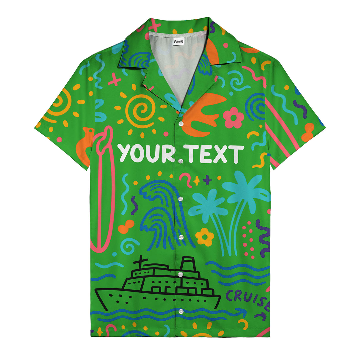 cartoon cruise ship palm trees surfboards wave hawaiian shirt