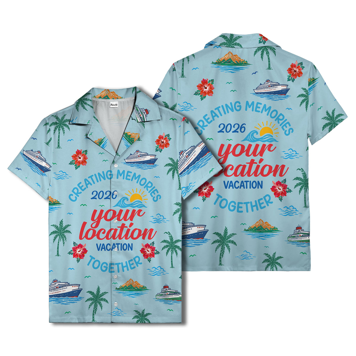 cruise ship & palm fronds watercolor vacation memories hawaiian shirt