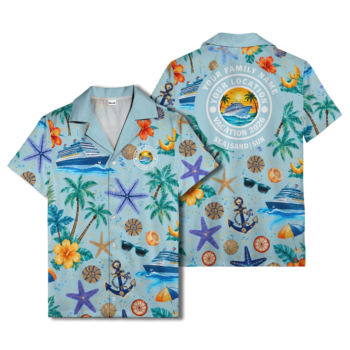 cruise ship palm trees starfish watercolor hawaiian shirt