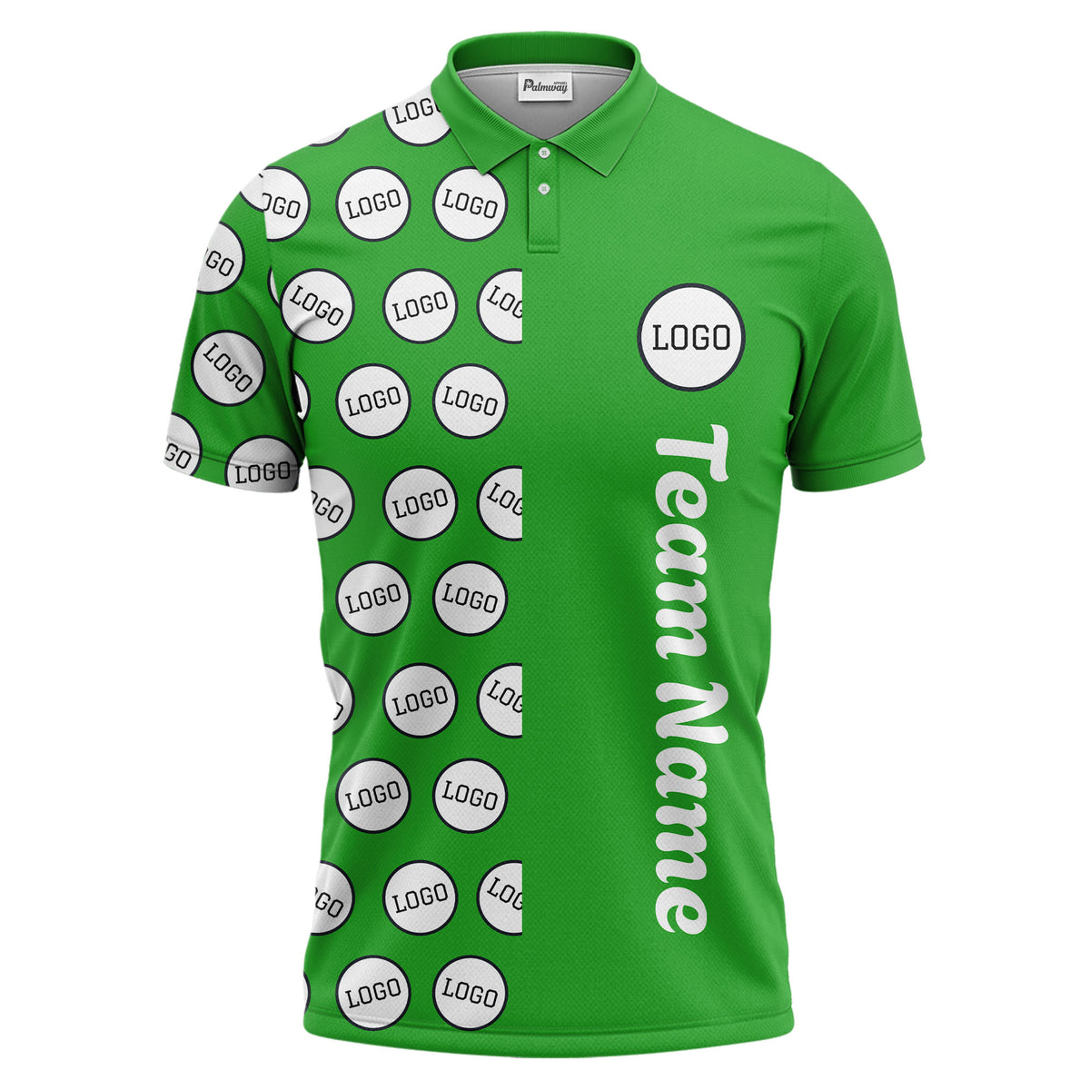 custom team logo polka dot repeat black & white polo shirt for men