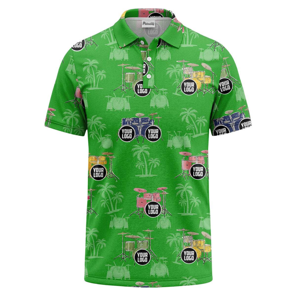 drum kit & palm tree repeat rock band polo shirt for men