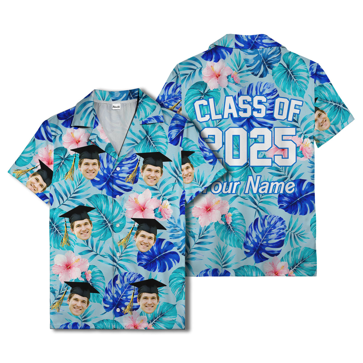 graduation caps tossed over hibiscus blooms on monstera hawaiian shirt