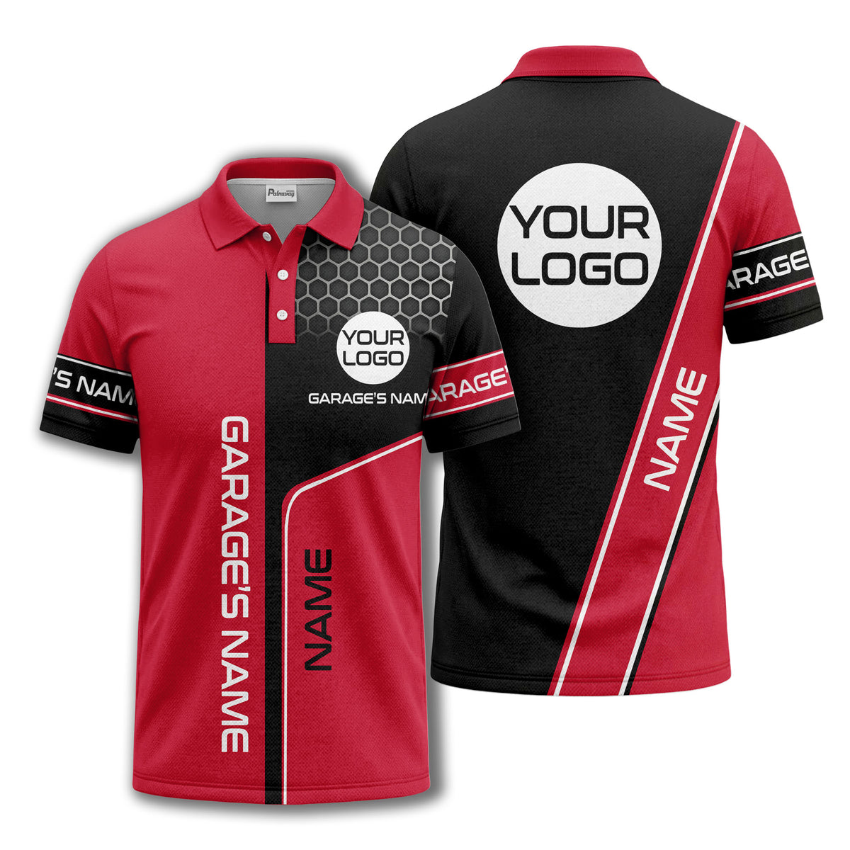 hexagonal grid garage name logo modern automotive polo shirt