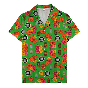 hibiscus & tiki masks all-over print hawaiian shirt for beach getaway