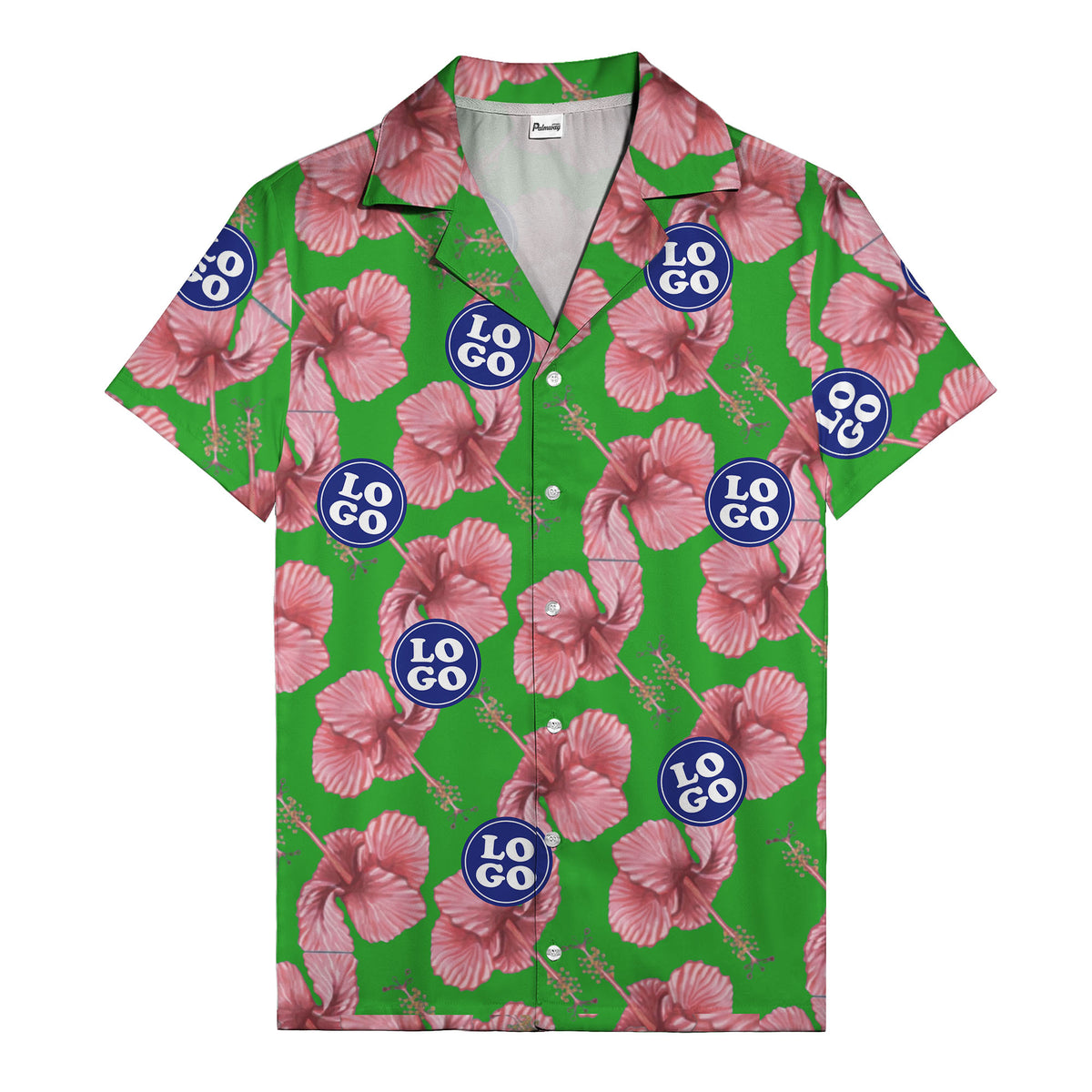 watercolor pink hibiscus & blue logo repeat aloha hawaiian shirt