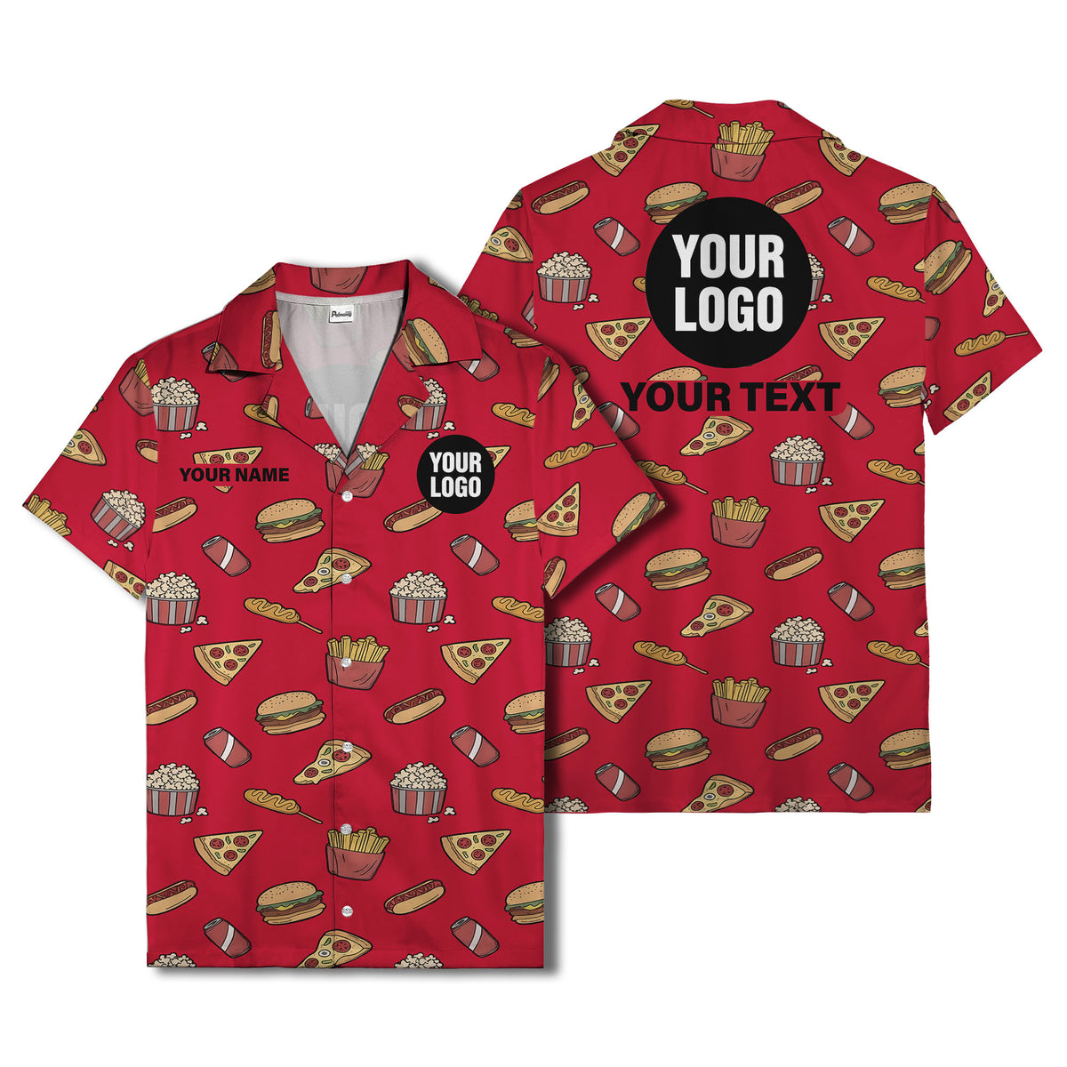 Custom Fast Food Pattern All-Over Print Short Sleeve Hawaiian Shirt - Personalized Name & Logo Restaurant & Cafe Uniform Button Down Shirt