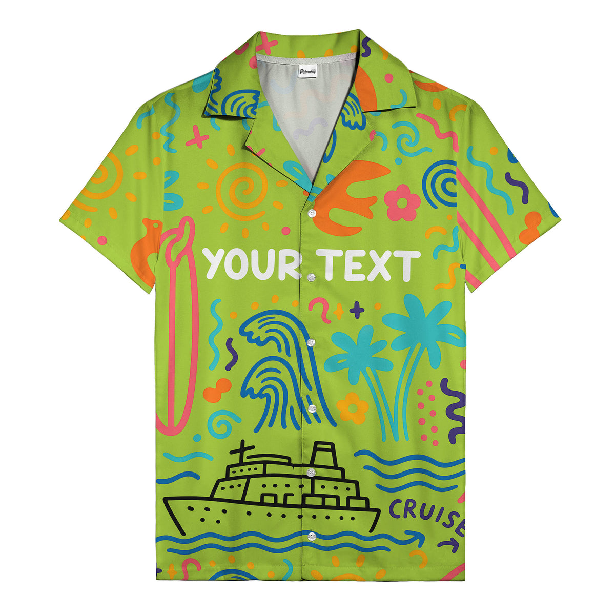 cartoon cruise ship palm trees surfboards wave hawaiian shirt