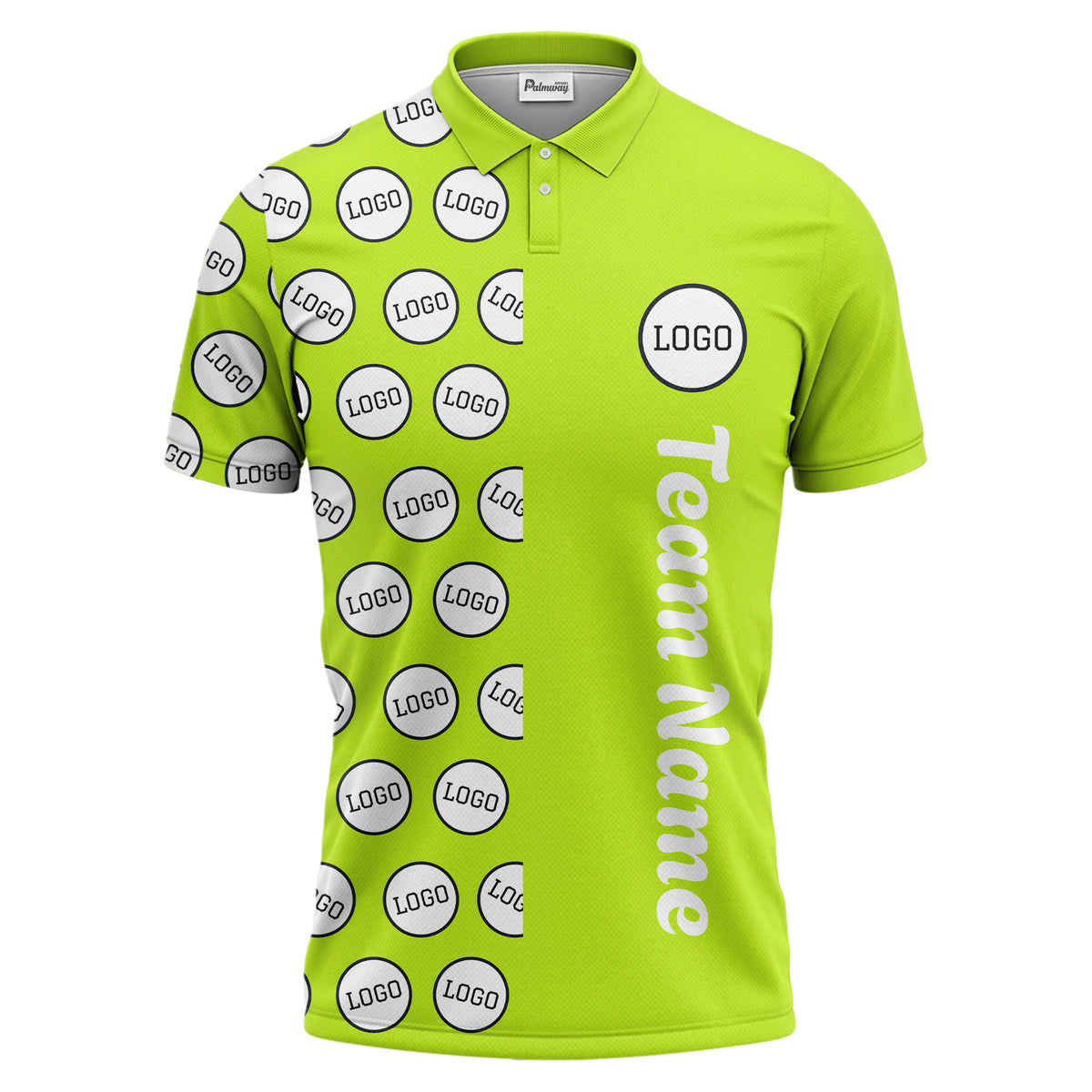 custom team logo polka dot repeat black & white polo shirt for men