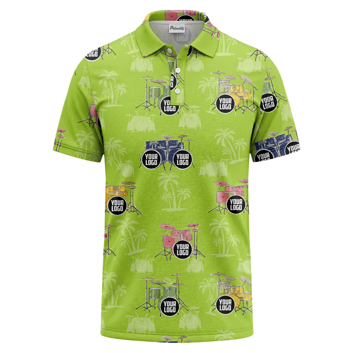 drum kit & palm tree repeat rock band polo shirt for men