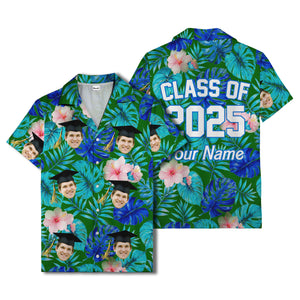 graduation caps tossed over hibiscus blooms on monstera hawaiian shirt