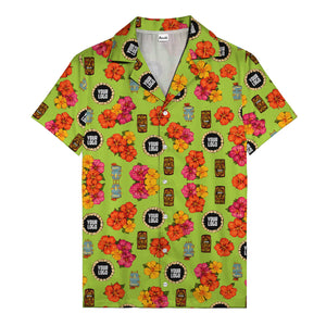hibiscus & tiki masks all-over print hawaiian shirt for beach getaway